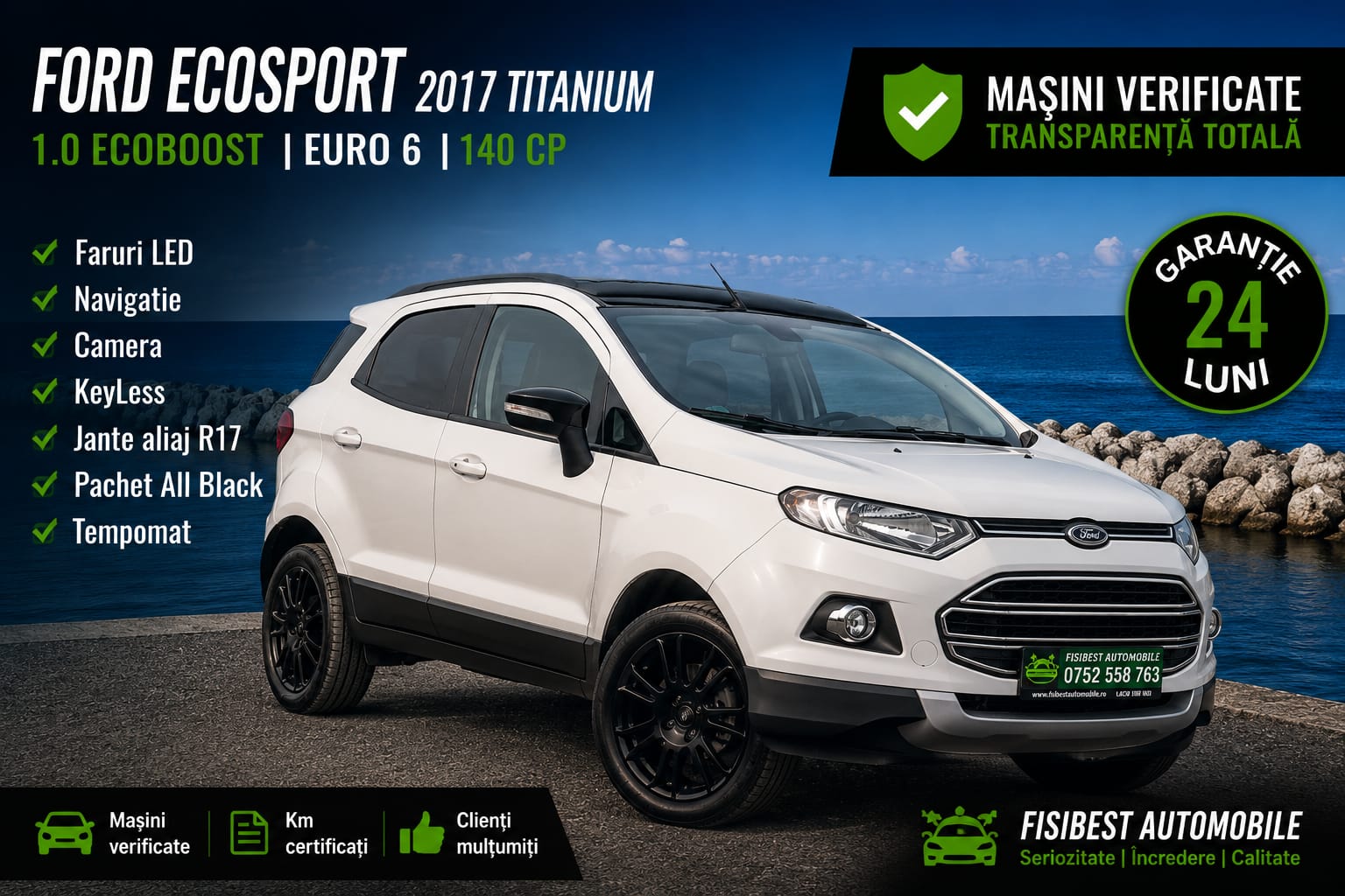 🔊 Ford EcoSport Titanim 2017 EcoBoost Euro 6 “ All Black “✨ Garantie INTEGRALA 24 Luni ⬆️